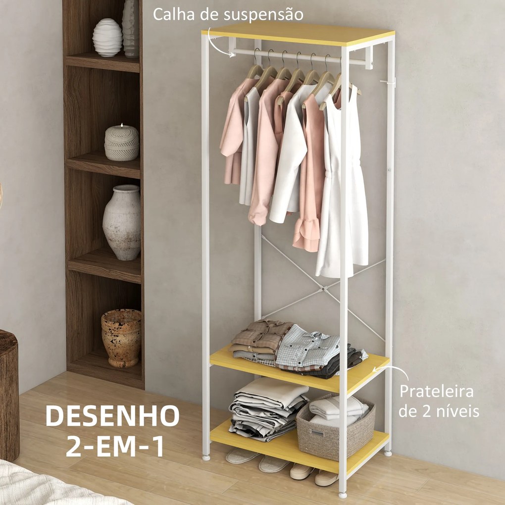 Suporte para Cabide com Barra Suspensa e 2 Estantes para 6 Pares de Sapatos para Entrada 60x40x167,5 cm Natural e Branco