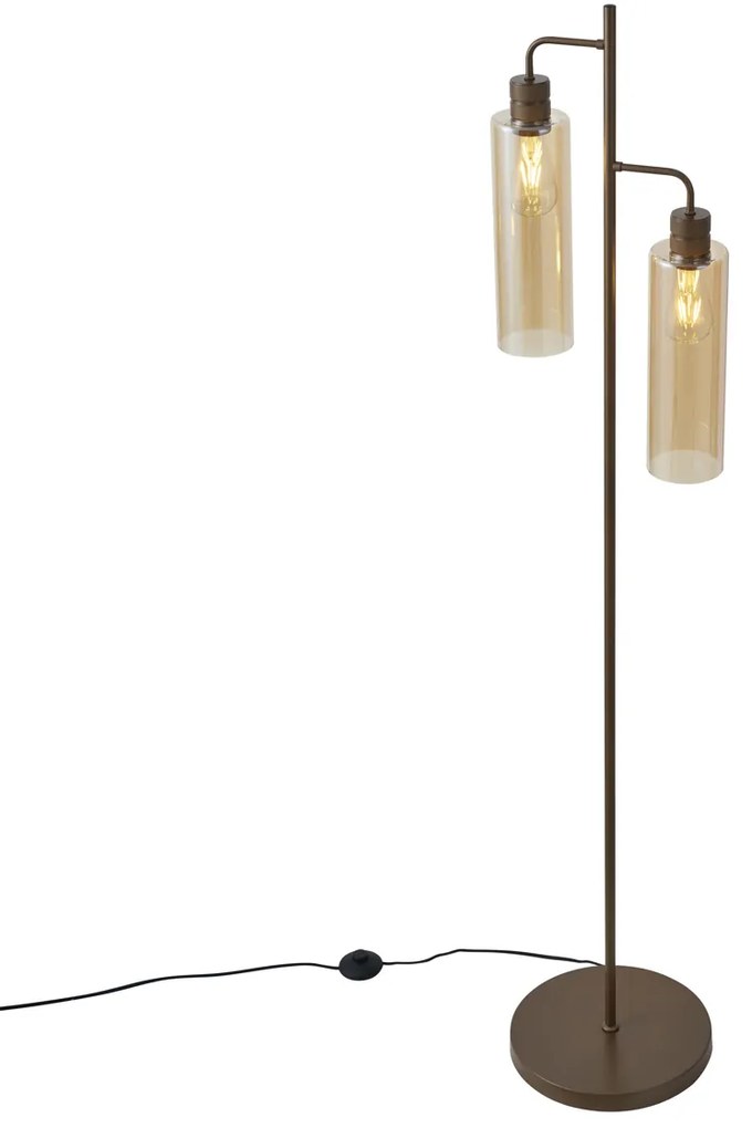 Candeeiro de pé Hotel Chic bronze escuro com vidro âmbar 2 luzes - Stavelot Chique de hotel