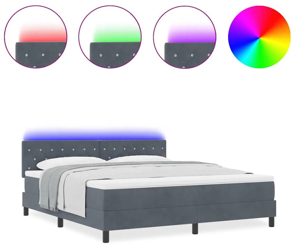 Cama Box Spring com Colchão &amp; LED Cinza Escuro 180x200 cm Veludo