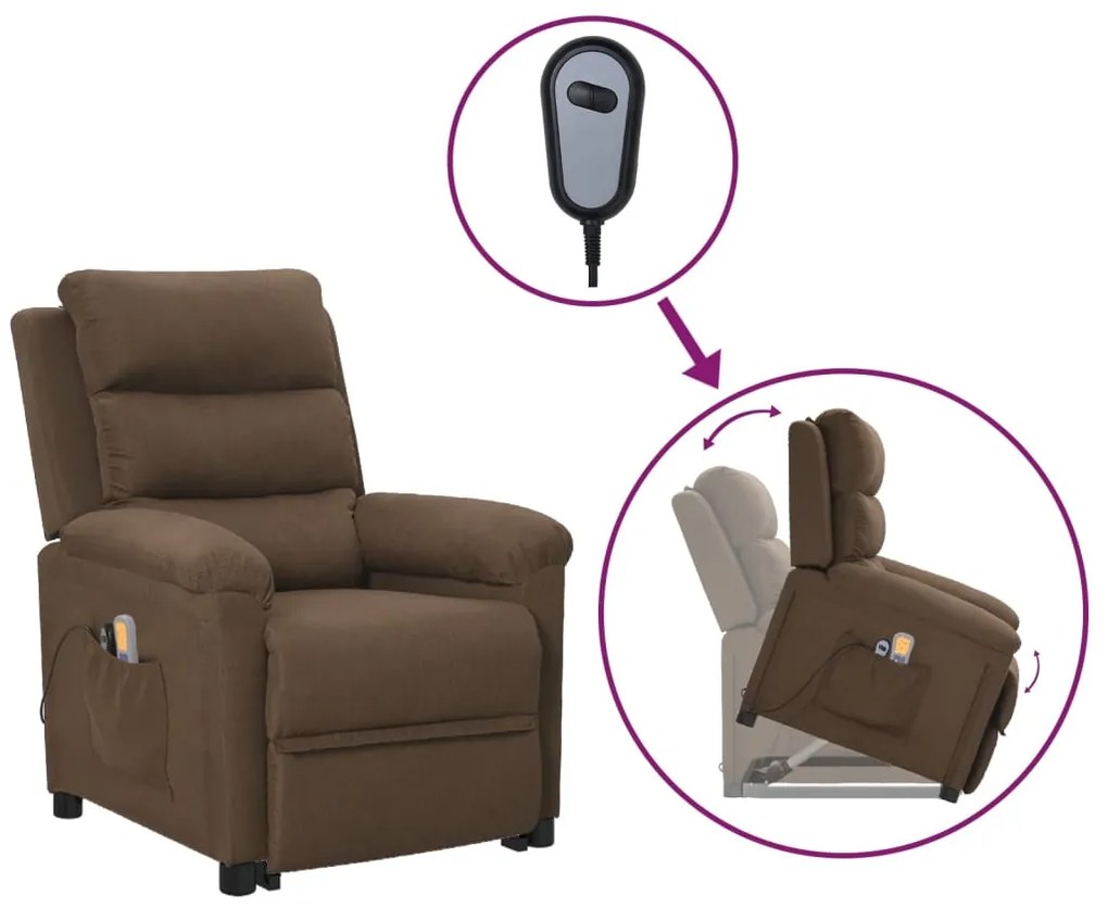 vidaXL Poltrona elevatória de massagens tecido castanho