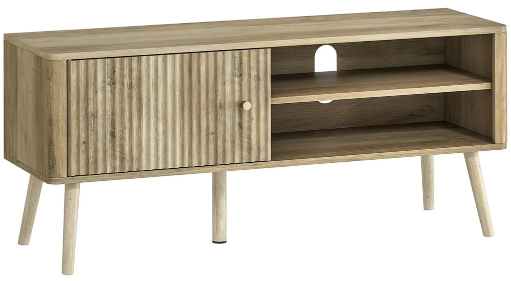 HOMCOM Móvel de TV para Televisão até 55 Polegadas com Porta Acanalada Prateleira Ajustável Compartimentos Abertos 115x35x49 cm Carvalho | Aosom Portugal