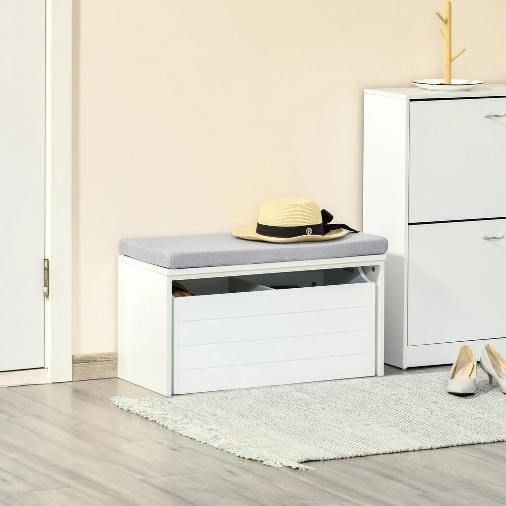 Banco de arrumação com almofada cinzenta 69 x 32 x 40 cm Móvel para sapatos - Banco para sapatos com gaveta grande de dois compartimentos branco