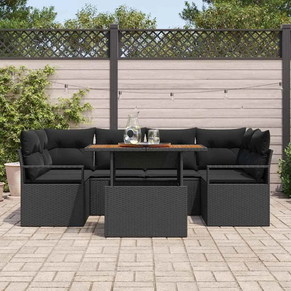 Conjunto de Sofá de Jardim com 7 Peças e Almofadas Pretas, Rattan de P