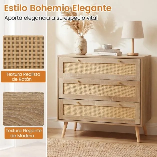 Cómoda em rattan 80 x 40 x 75,5 cm com 3 gavetas e pés em madeira de pinho, estilo boémio, para o quarto, sala de estar ou hall de entrada, com um toq