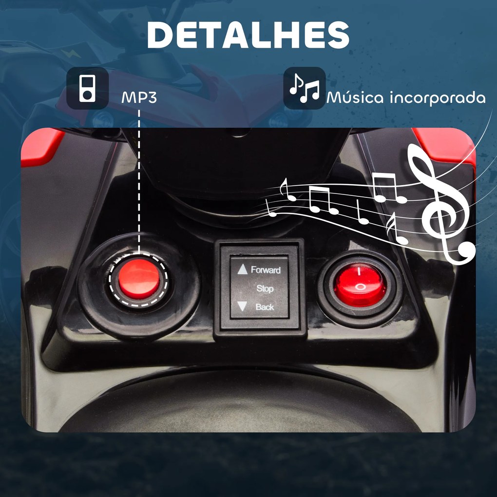 Mota 4 elétrica para Crianças 6 V para Crianças 37-96 meses com Velocidade até 3 km/h Faróis e Música 70x42x45 cm Vermelho