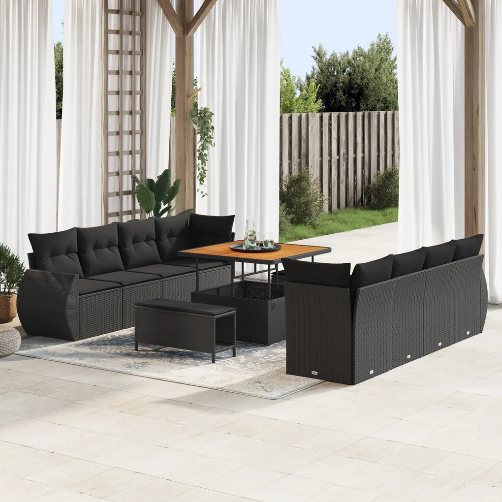 Conjunto de Sofá de Jardim vidaXL com Almofadas Preto Poli Rattan Acác