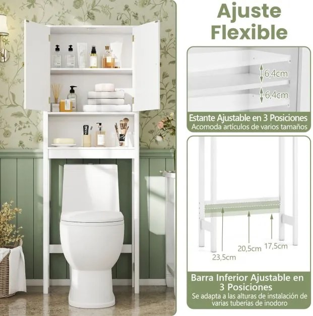 Armário casa banho sobre sanita 60 x 23 x 168 cm com portas caneladas, prateleira ajustável e economizador de espaço branca