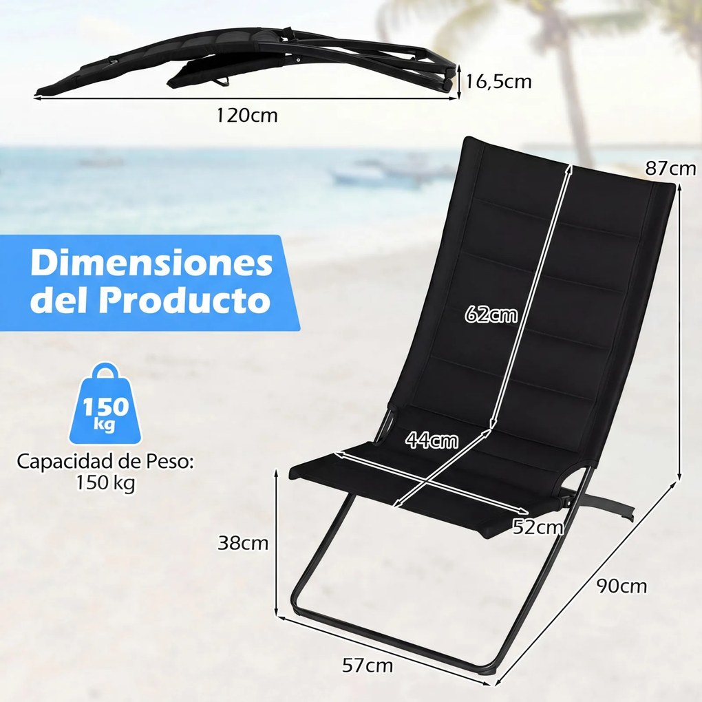 Conjunto de 2 Cadeiras de Praia Dobráveis, 90 x 57 x 87 cm, Assentos Acolchoados, Preto