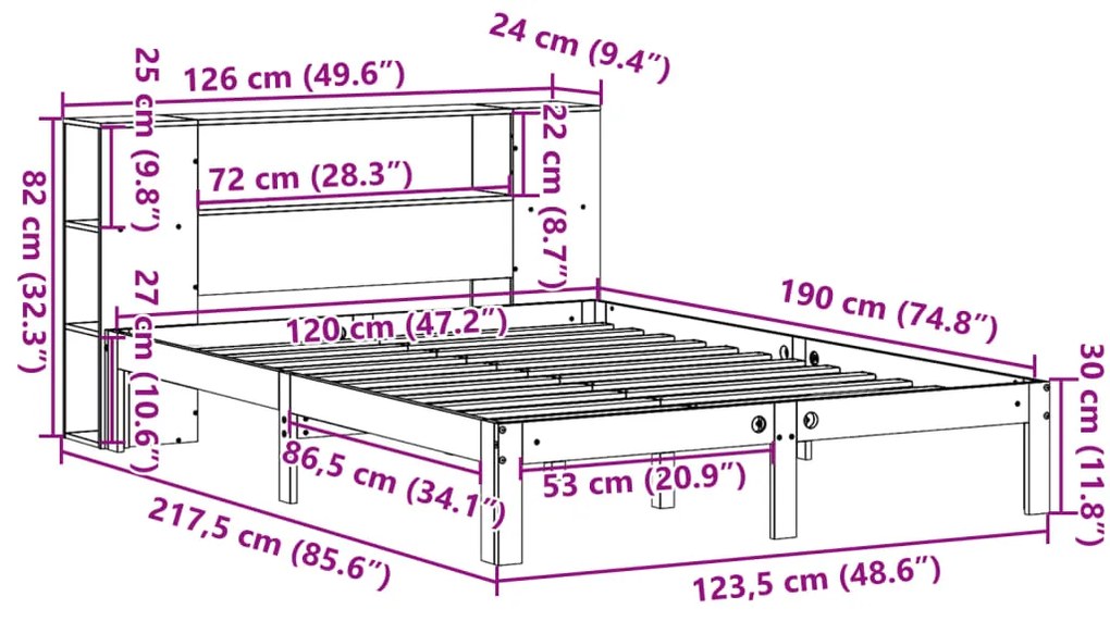 Cama com estante sem colchão 120x190 cm pinho maciço branco