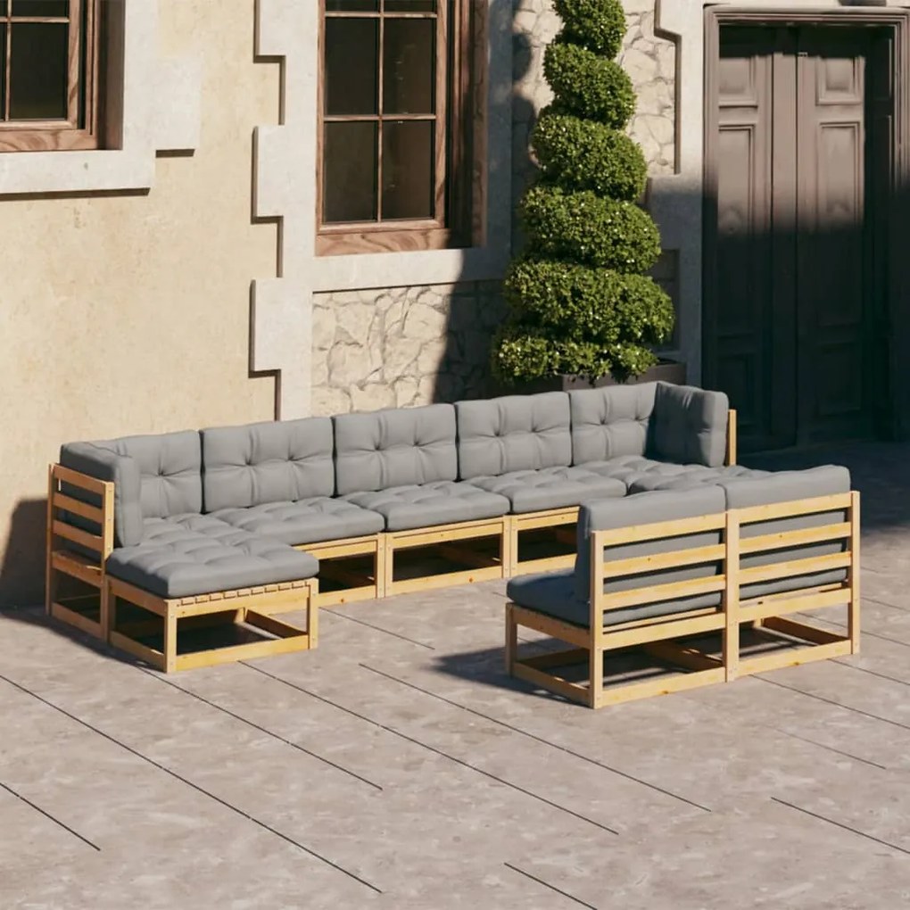 vidaXL 9 pcs conjunto lounge de jardim c/ almofadões pinho maciço
