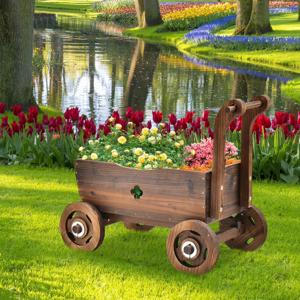 Carrinho floreira com caixa de madeira Rodas Buraco de drenagem Suporte de vasos de flores Decoração de jardim Pátio Varanda Castanho