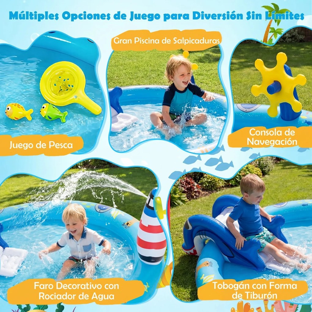 Piscina insuflável infantil 188 x 153 x 63 cm com parque aquático temático marinho, escorrega em forma de tubarão, aspersor de água e jogo de pesca pa