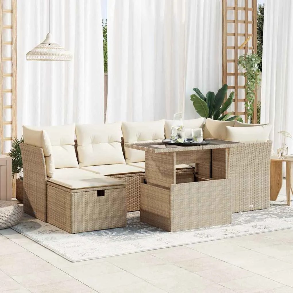 vidaXL 7 pcs conjunto de sofás p/ jardim com almofadões vime PE bege