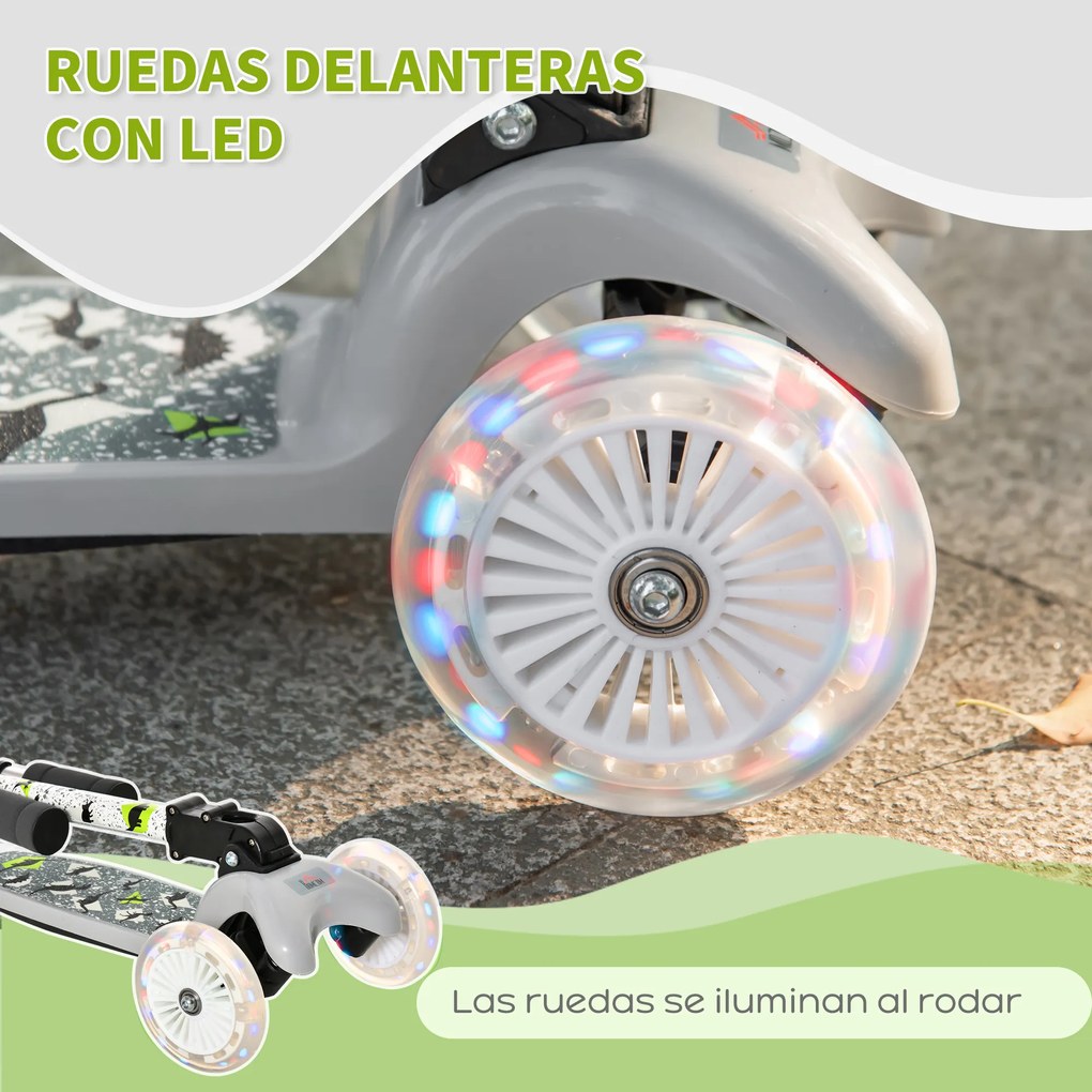 HOMCOM Trotinete para Crianças acima de 3 Anos Dobrável Trotinete com 3 Rodas com Luzes LED Guiador com Altura Ajustável e Freio Posterior Carga Máxima 50kg 54,7x32,5x59-69cm Cinza