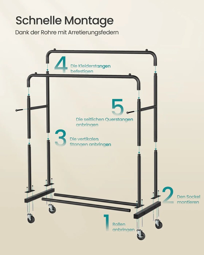 Guarda roupa cabideiro 46,5 x 110 x 155,5 cm com rodas para armazenamento flexível, Preto