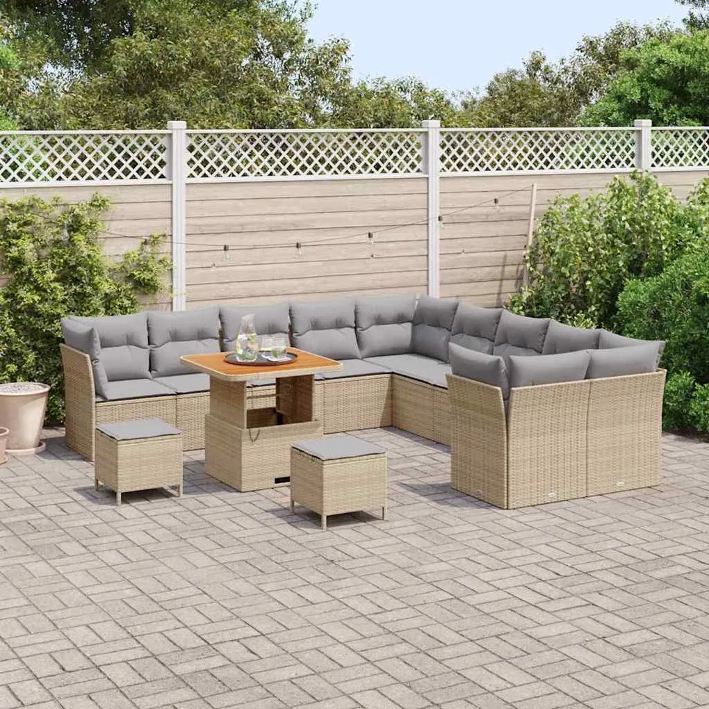 Conjunto de Sofá de Jardim com 13 peças, almofadas bege em rattan sint