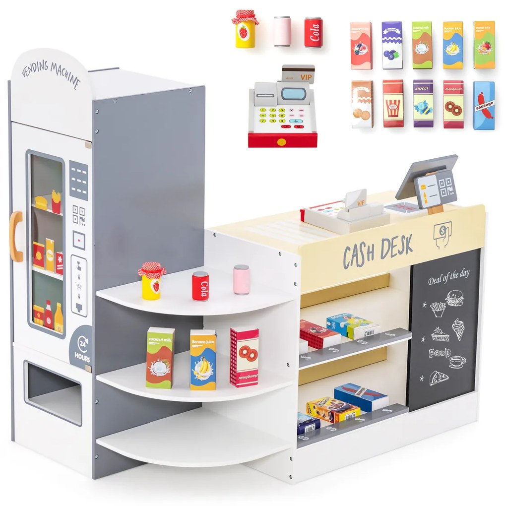 Supermercado de madeira para crianças com caixa registadora e máquina de venda automática POS para crianças dos 3 aos 8 anos de idade Branco