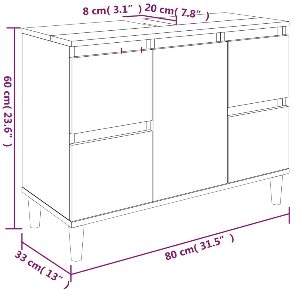 3 pcs Conjunto móveis casa de banho madeira proc. cinza sonoma