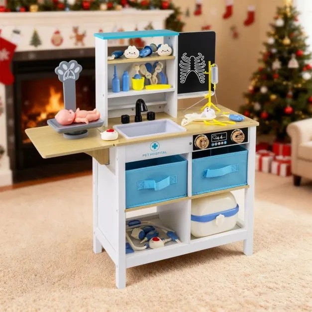 Centro Médico de Brincar de Madeira para Crianças 75 x 28 x 82 cm com Quadro Branco Balança para Animais de Estimação Torneira e Vários Acessórios Bra
