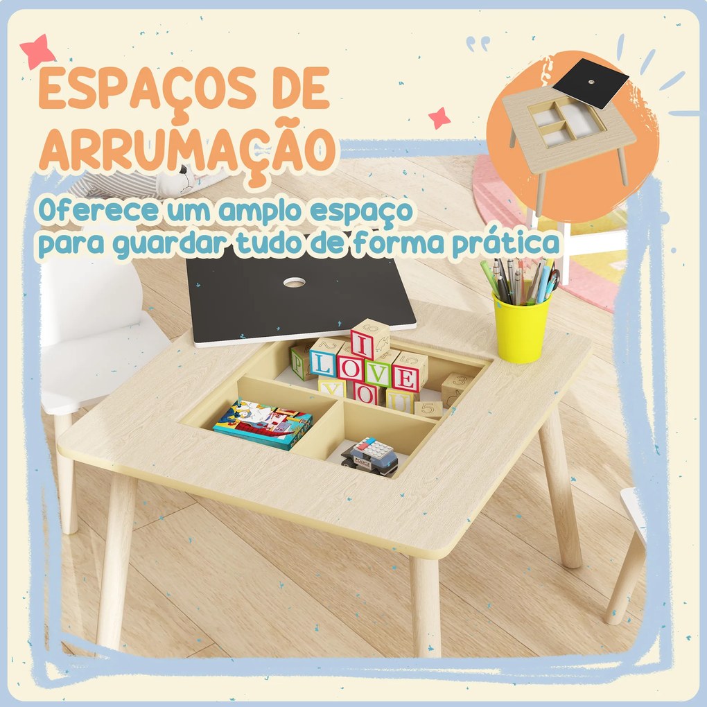 Conjunto de Mesa e 2 Cadeiras com Encosto em Forma de Ursinho e Compartimentos Ocultos Madeira e Branco