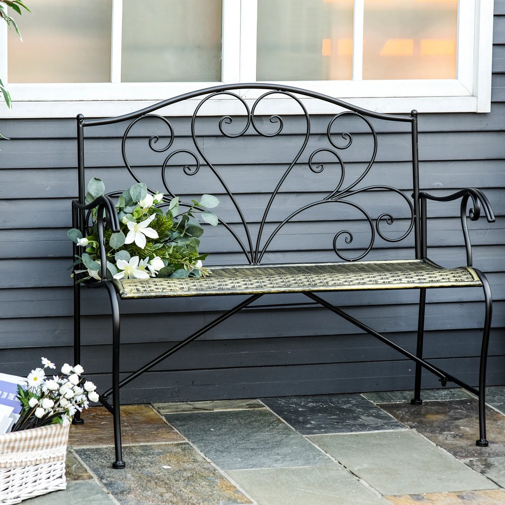 Banco de jardim de 2 lugares 100 x 50 x 88 cm, estilo neo-retro, em ferro forjado, com linhas afiladas, em metal preto dourado, com efeito envelhecido