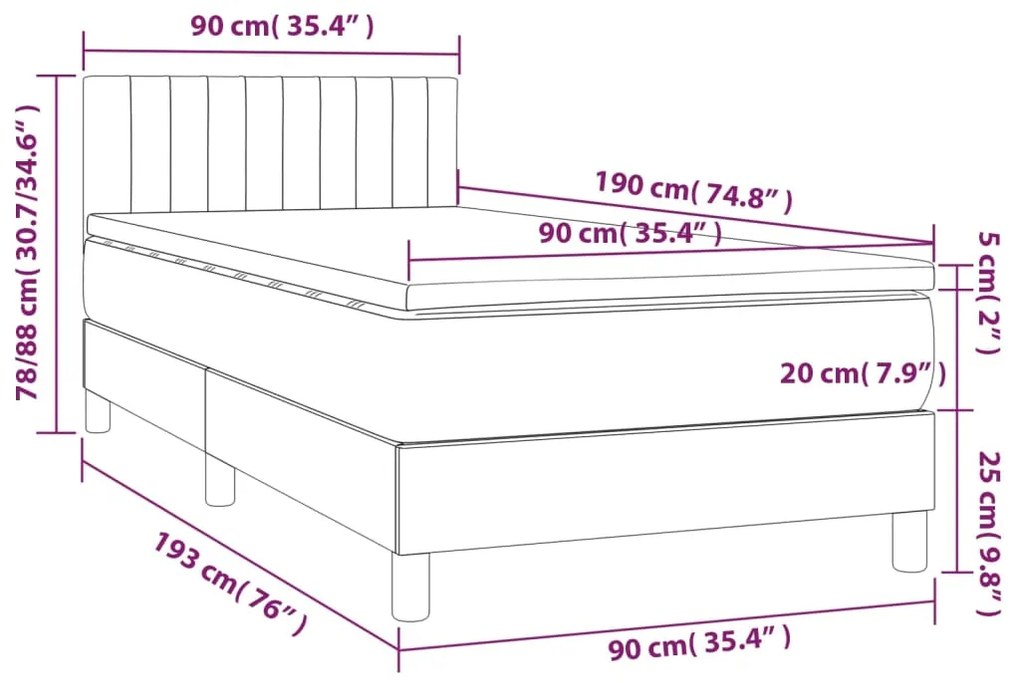 Cama box spring c/ colchão/LED 90x190 cm veludo rosa