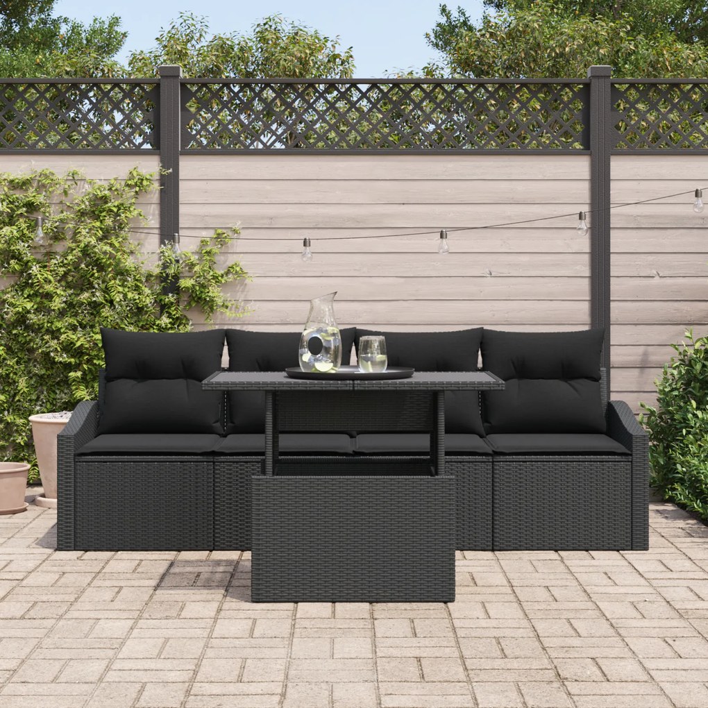 Conjunto de 5 Peças de Sofá para Jardim com Almofadas Pretas de Rattan