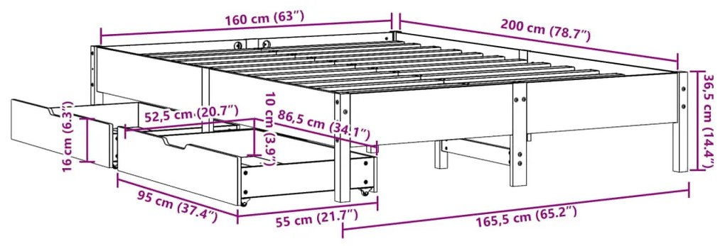 Cama sem colchão 160x200 cm madeira de pinho maciça branco