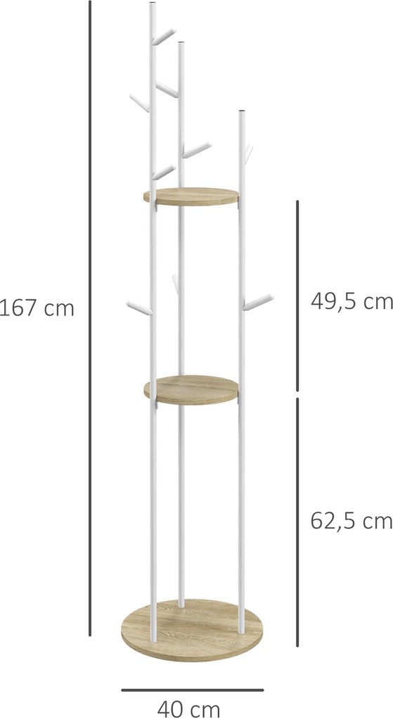 Cabide de pé, móvel de entrada em aço com 9 ganchos e 2 prateleiras redondas Ø 40 x 167 cm, em tons naturais e branco