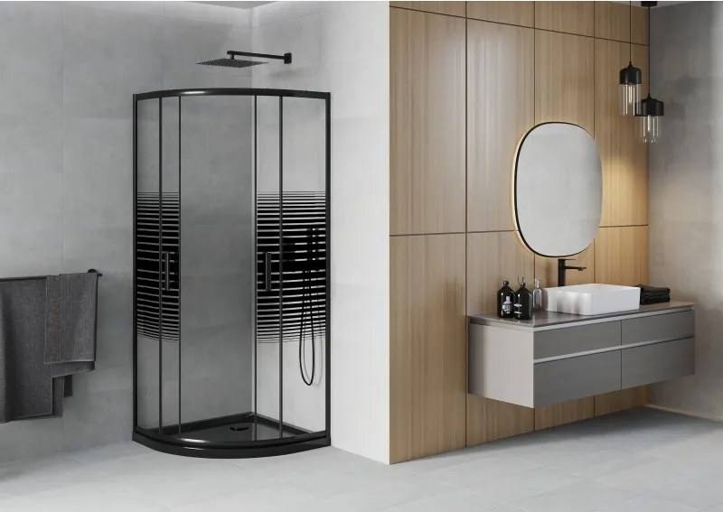 Mexen Rio cabine de duche semicircular 80 x 80 cm, faixas pretas, preto + base de duche Flat, preto - 863-080-080-70-20-4170B