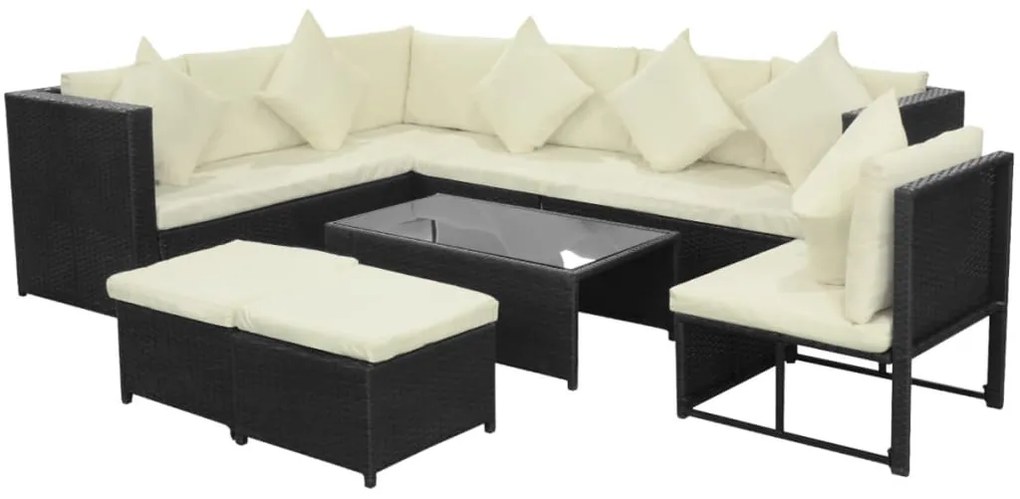 8 pcs conjunto lounge de jardim c/ almofadões vime PE preto