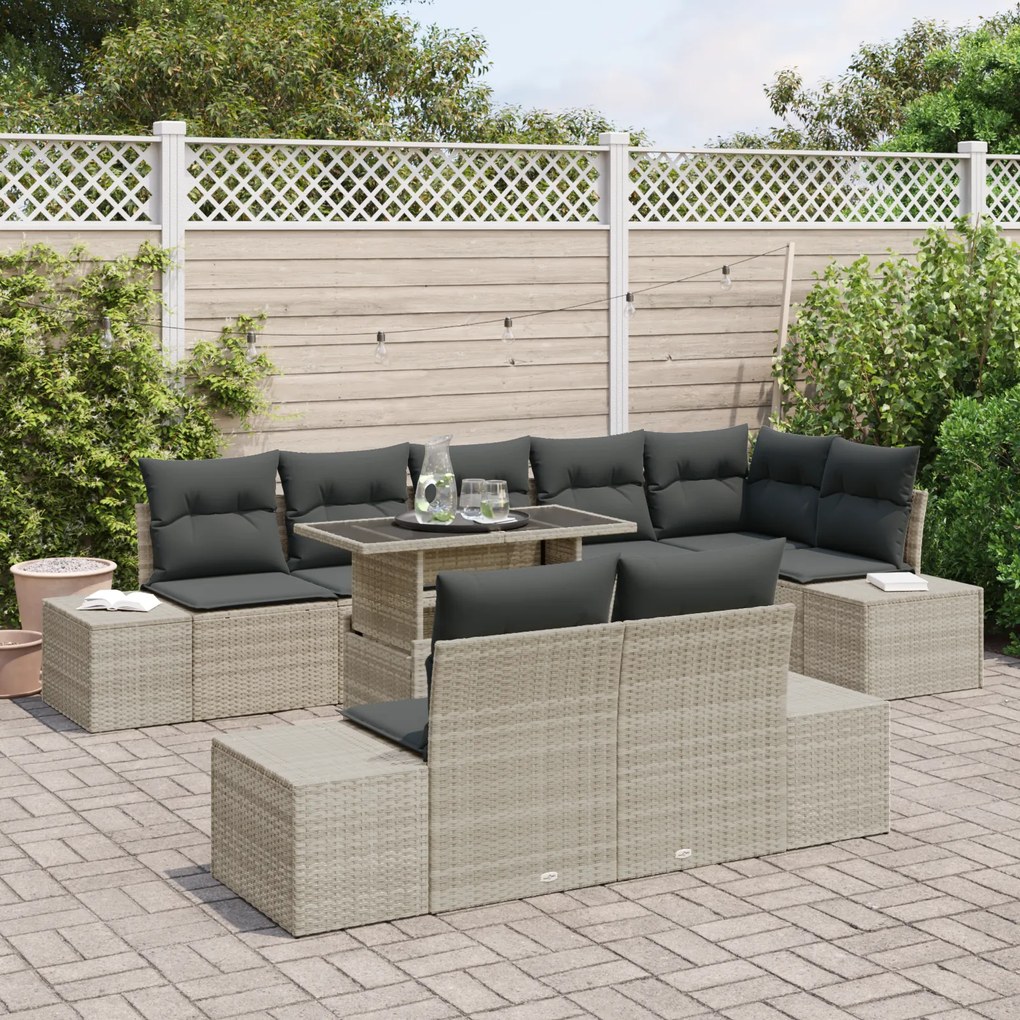 Conjunto de Sofá de Jardim de 9 Peças com Almofadas Cinza Claro em Rat