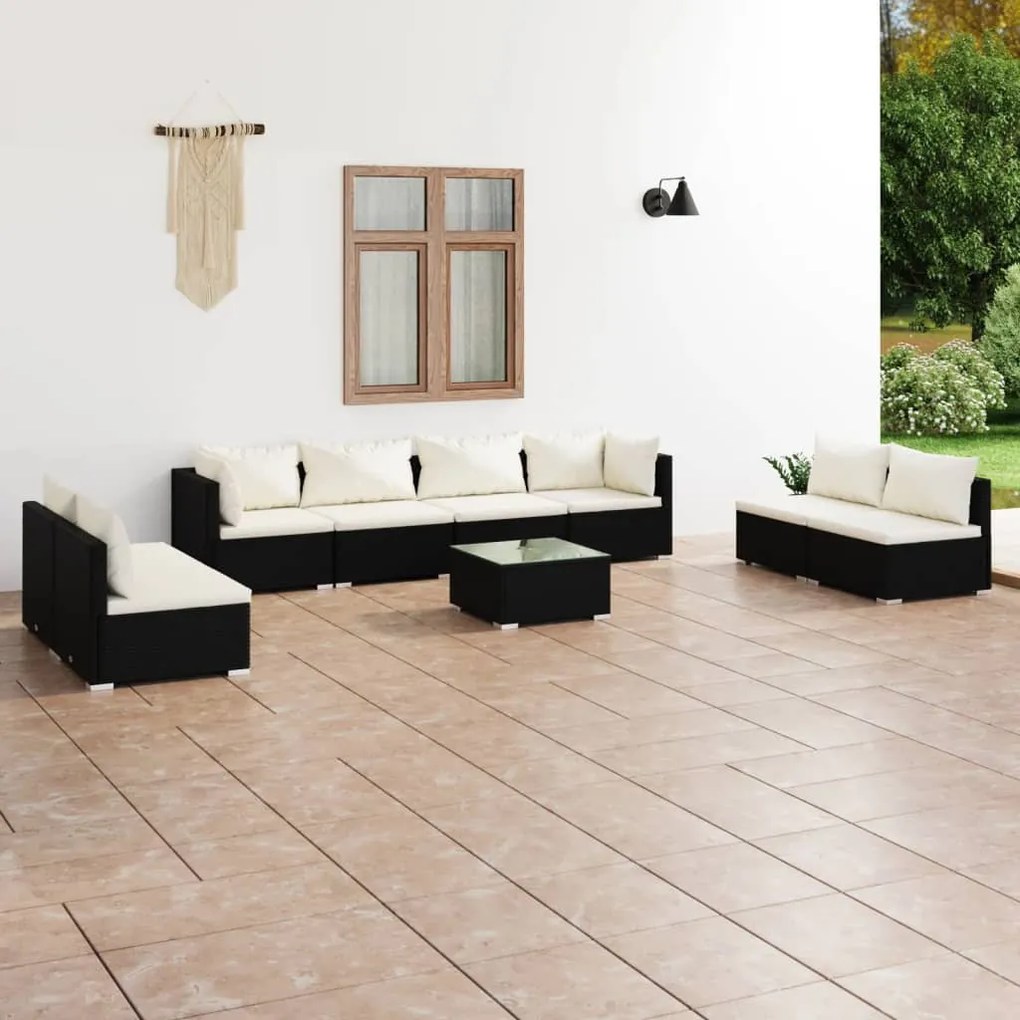 vidaXL 9 pcs conjunto lounge de jardim c/ almofadões vime PE preto