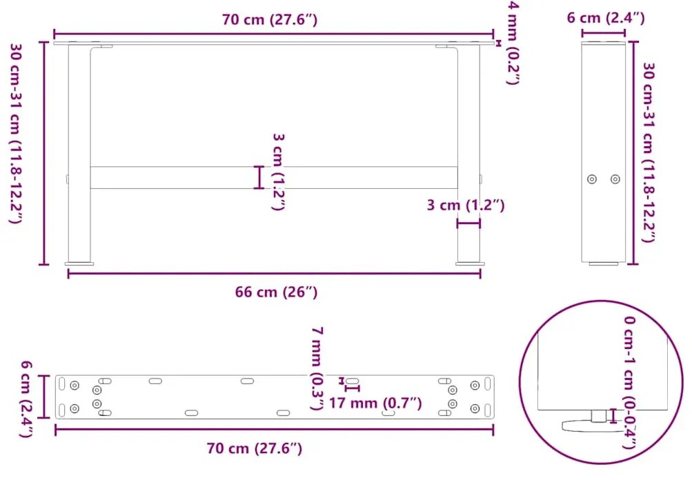 Pés para mesa de centro pretos 2 peças 70x(30-31) cm aço