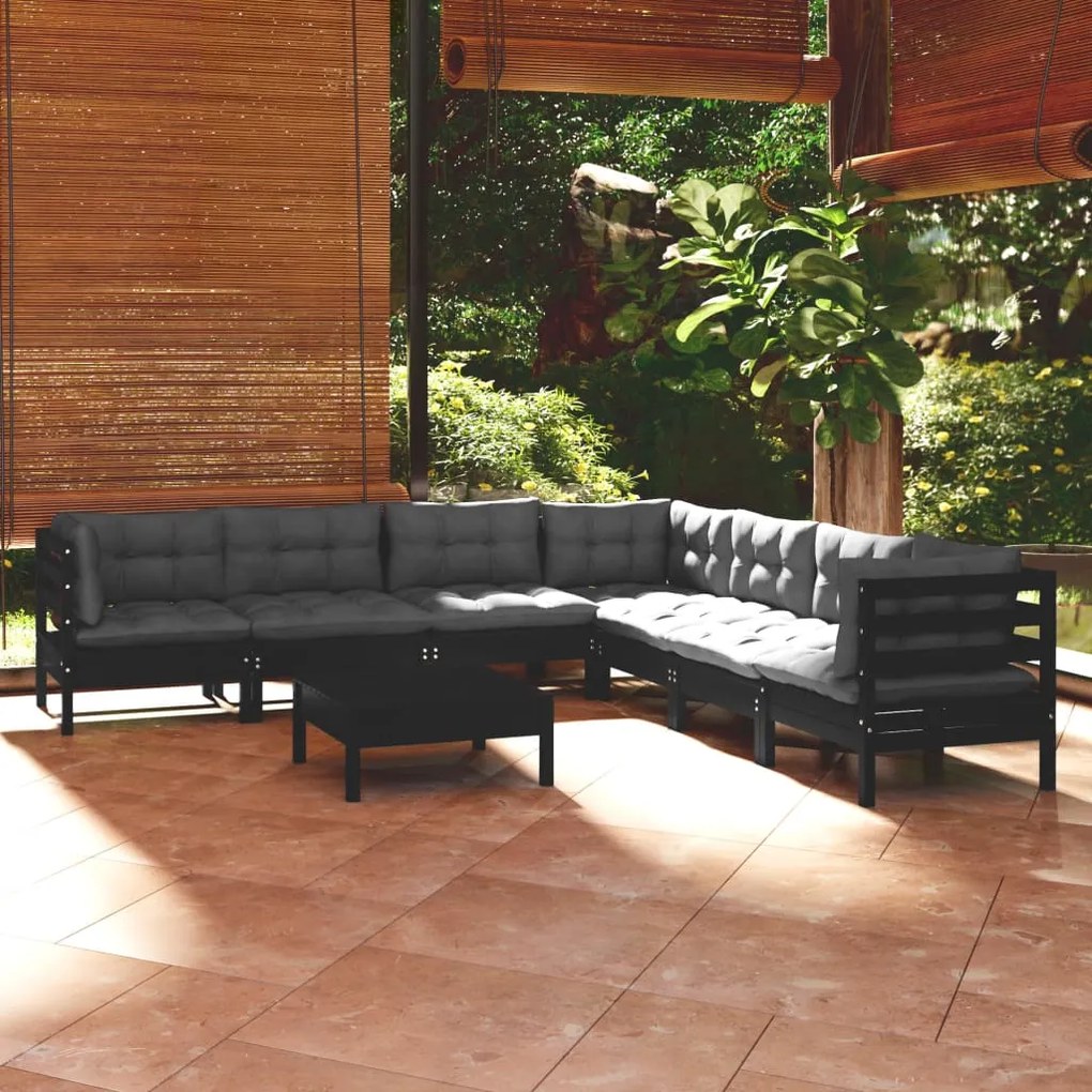 vidaXL 8 pcs conjunto lounge jardim c/ almofadões pinho maciço preto