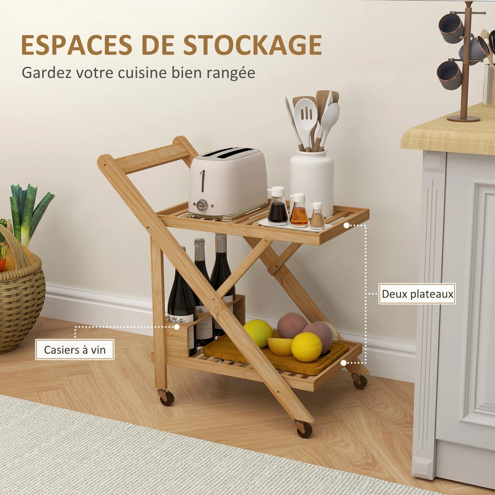 Carro de serviço de cozinha em bambu  66 x 40 x 70 cm, dobrável, com 2 tabuleiros, 4 rodas e 3 compartimentos para garrafas de vinho,, madeira natural