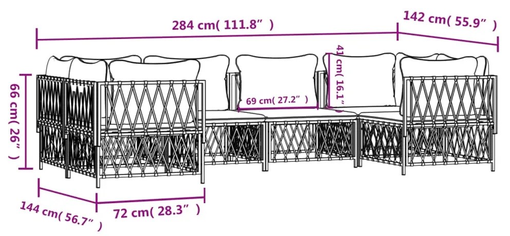 6 pcs conjunto lounge de jardim com almofadões aço antracite