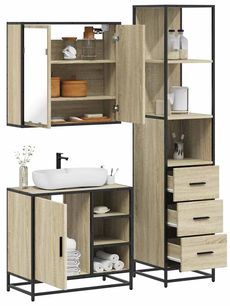 vidaXL 3 pcs conj. móveis casa banho derivados madeira carvalho sonoma