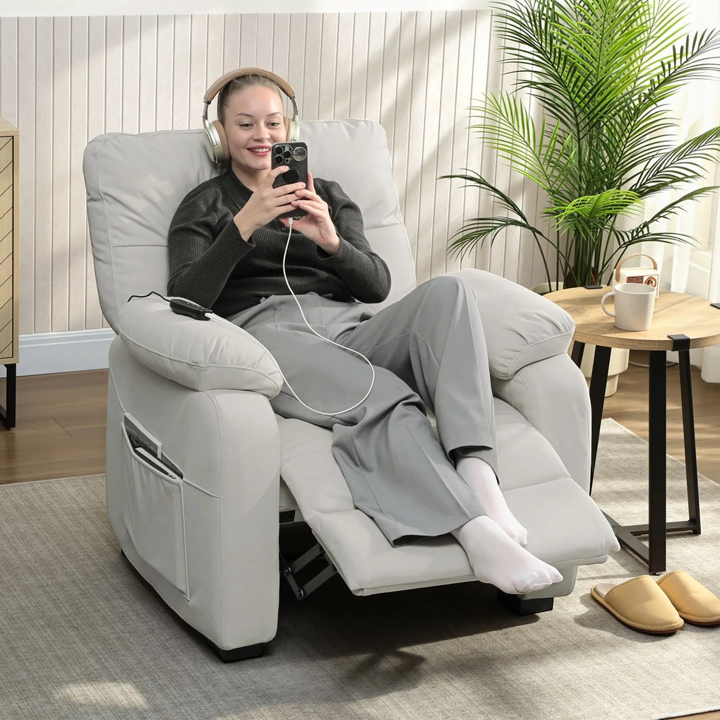 Poltrona relax elétrica, poltrona reclinável, porta USB, apoio para os pés, bolsos laterais, comando à distância, 96 x 90 x 103 cm