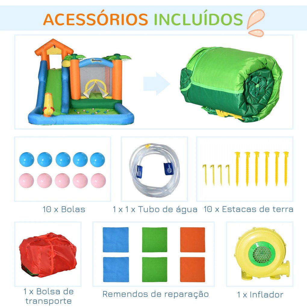 Outsunny Castelo Insuflável com Escorrega Trampolim Piscinas e Pistola de Água para Crianças acima de 3 Anos com Inflador e Bolsa de Transporte para Interior Exterior 550x285x260cm Multicor