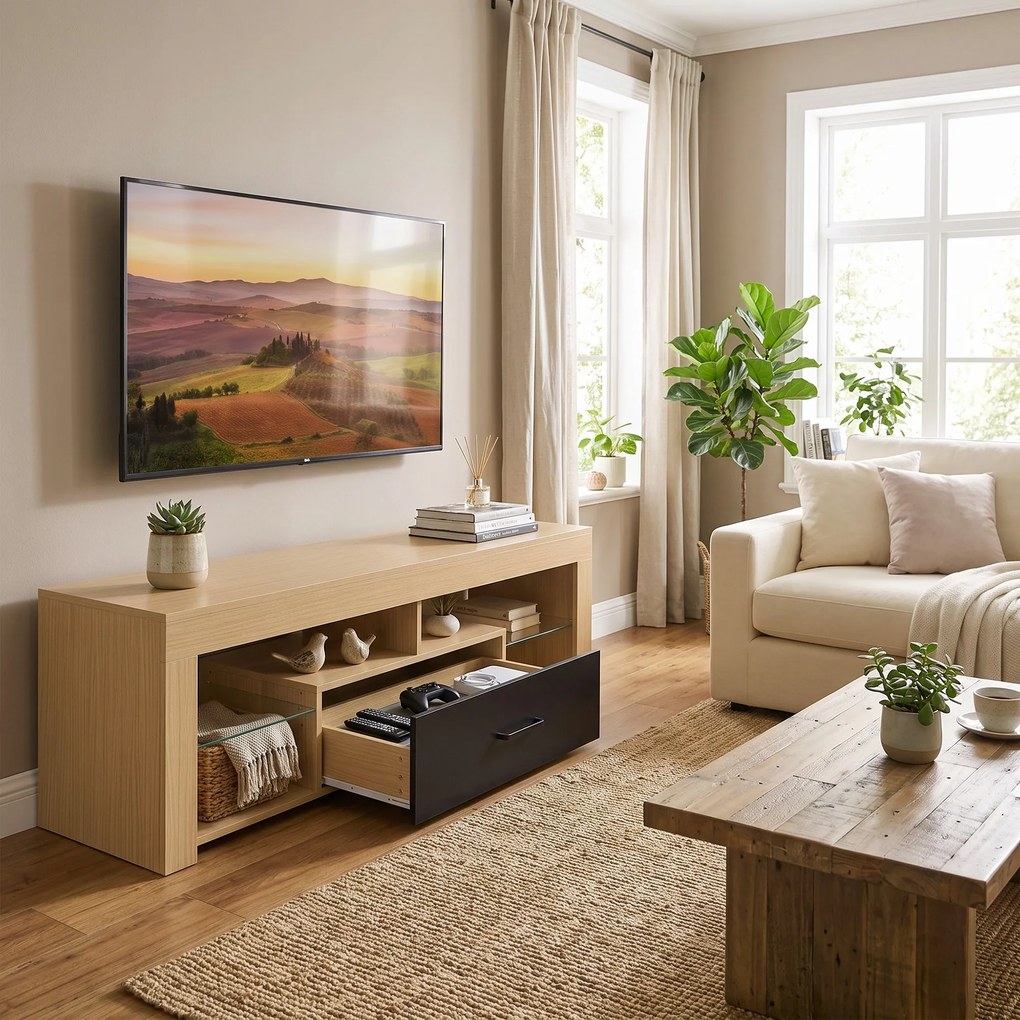 Móvel de TV 140 x 40 x 45 cm, móvel para televisor de 65 polegadas com prateleiras de vidro ajustáveis, gaveta e compartimentos abertos, cor carvalho