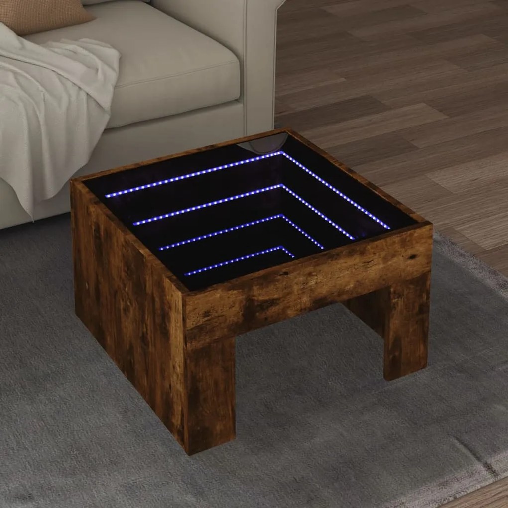 Mesa de centro luzes LED Infinity 50x50x30 cm carvalho fumado