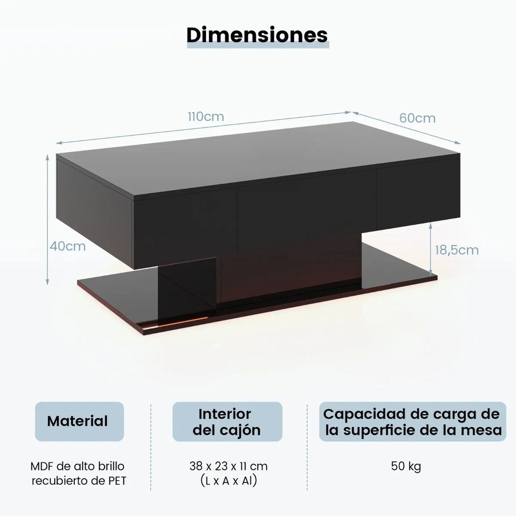 Mesa de centro retangular LED moderna de 2 níveis com 20 luzes LED coloridas 2 gavetas de arrumação 110 x 60 x 40 cm Preto