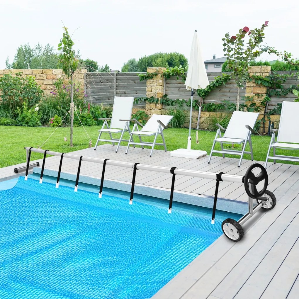 Carretel de cobertura piscina ajustável até 7 m com rodas de borracha para piscinas elevadas e enterradas