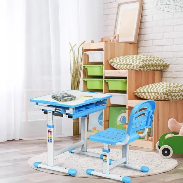 Secretária para crianças com Cadeira ajustável em altura com gaveta em ângulo 66 x 49 x (54,5 - 77) cm Azul