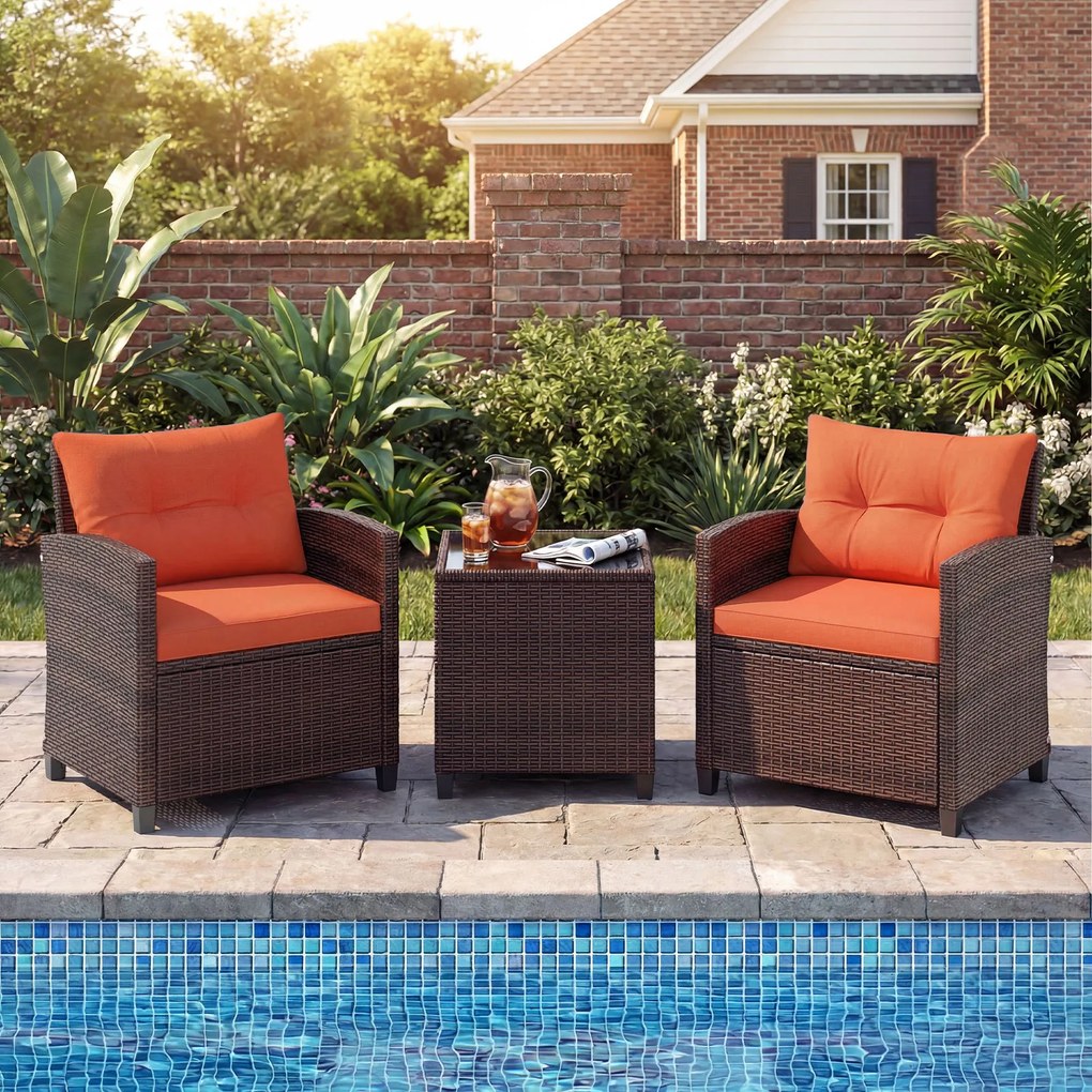 Conjunto jardim de 3 peças: cadeiras de rattan e mesa com tampo de vidro temperado. Mobiliário de exterior em vime para pátio, Castanho com almofadas