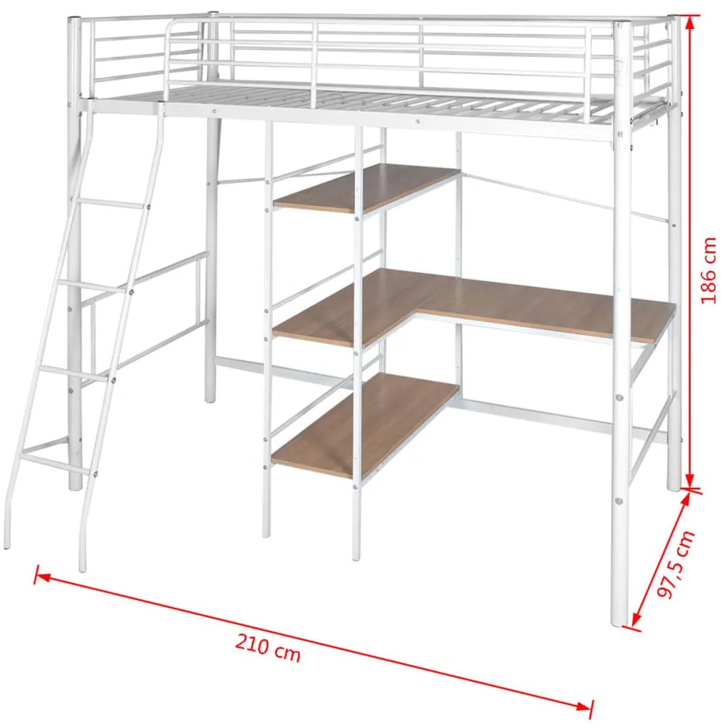 Cama alta com secretária metal 90x200 cm branco e castanho