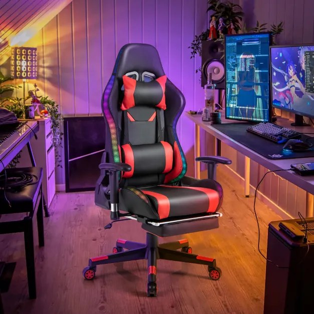 Cadeira Gamer com luzes LED RGB giratória ergonômica com apoio de braço de altura ajustável Suporte de mesa retrátil Vermelha