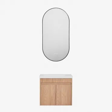 Conjunto De Móvel De Casa De Banho Suspenso Em Madeira Com Lavatório Integrado Narek Sem Torneira & Castanho Fresno & Ovale Led E Antifog Preto 50x100