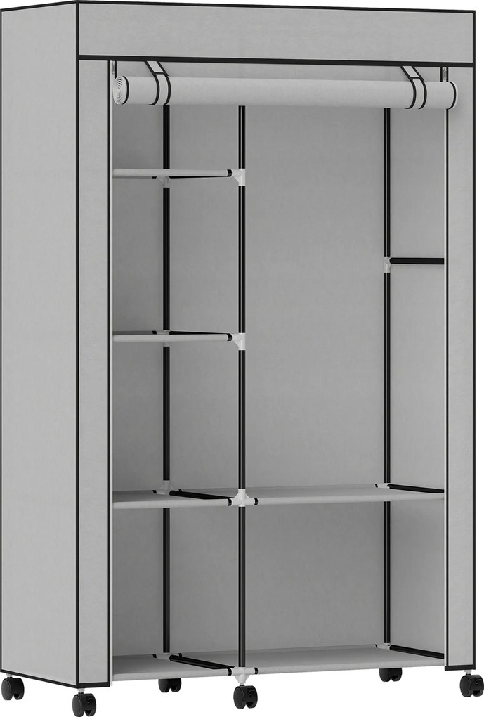 HOMCOM Roupeiro de Tecido Dobrável com 6 Prateleiras 1 Barra de Pendurar e Rodas para Dormitório Vestidor 103x43x162,5 cm Cinza | Aosom Portugal